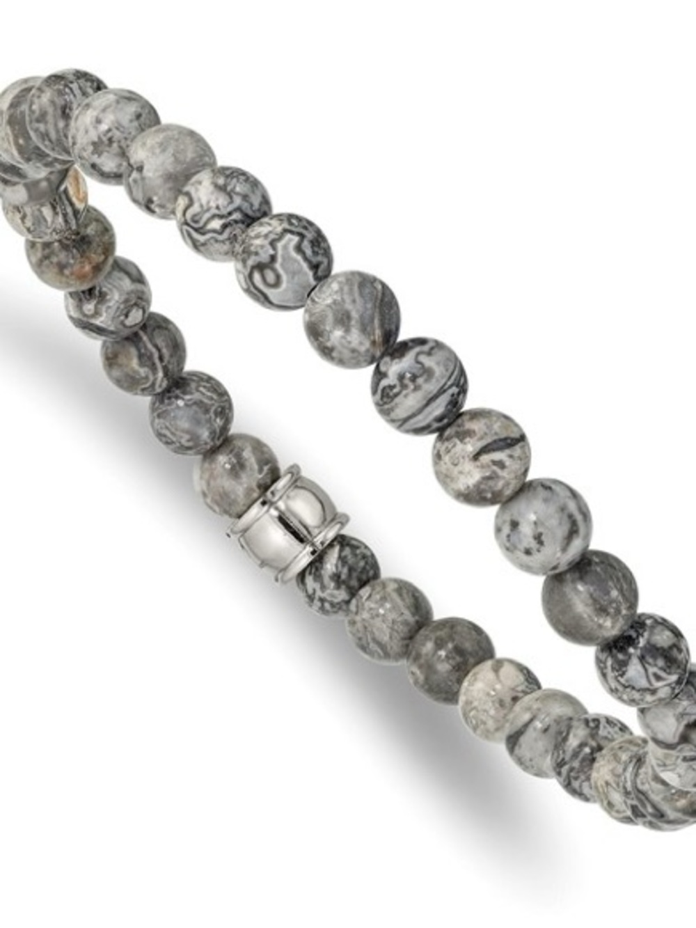 Grey Jasper Gemstone Bead Bracelet 6mm Stainless Steel Polished Stretch 7.75
